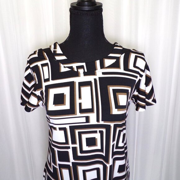 Chico's Midi Shift Dress Womens 0 US 4 Small White Brown Black Cold Shoulder Mod - Picture 4 of 12